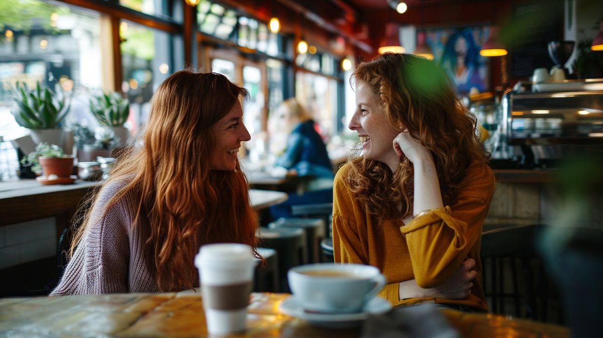 Frau und Mann genießen angeregten Smalltalk mit Frauen beim Kaffeetrinken im sonnigen Café