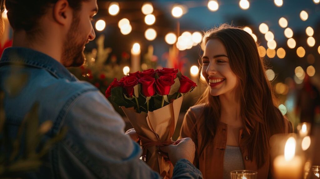 Mann übergibt Frau rote Rosen bei romantischem Date, wie erobere ich ihr Herz