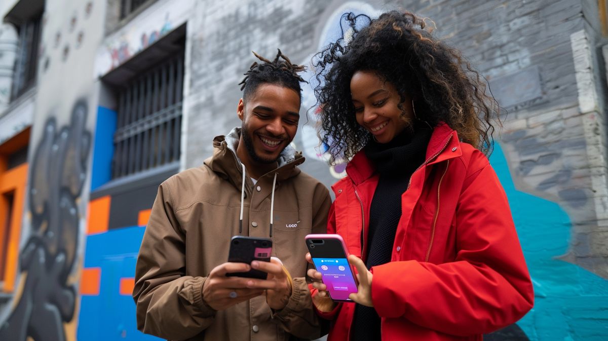 Mann und Frau lächeln beim Blick auf Handy, teilen positive Lovoo Erfahrungen