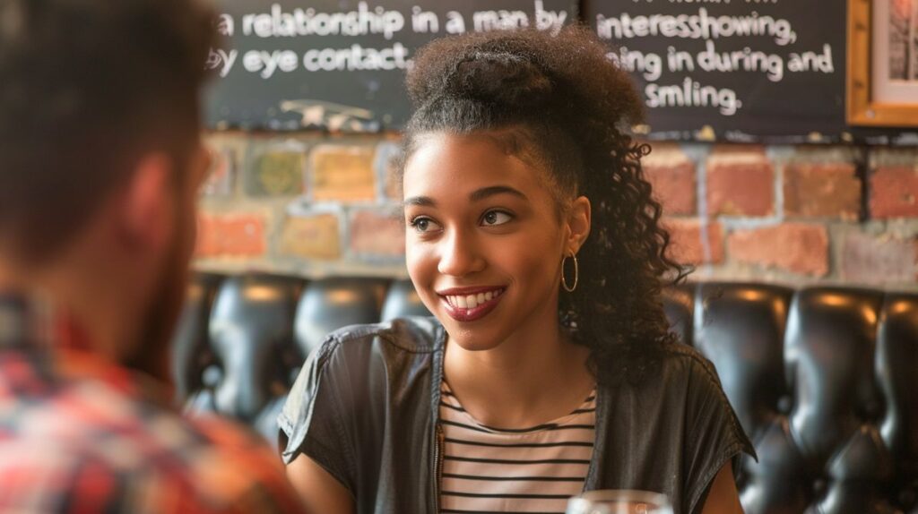 Frau beim Flirten im Café, wie zeigt eine vergebene Frau Interesse erkennbar an ihrem Blick und Lächeln