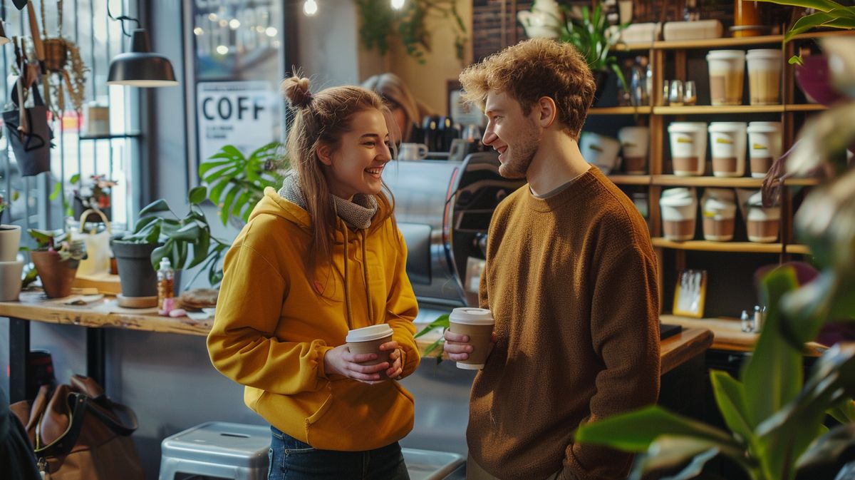 Smalltalk mit Mann bei einer entspannten Kaffeepause im Büro