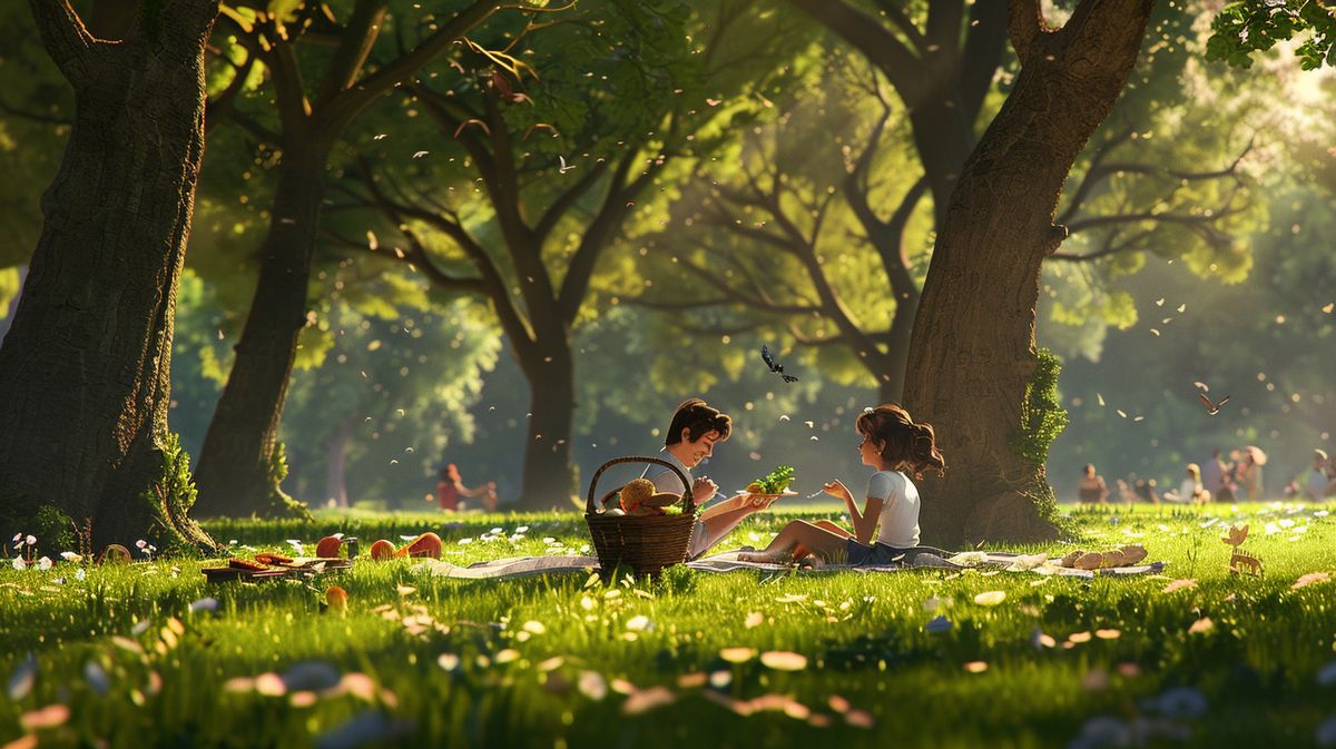 Zwei Personen genießen ein romantisches Picknick im Park, perfekte zweite Date Ideen für Paare