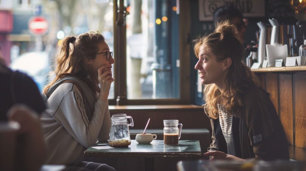 Frau und Mann führen entspannten Smalltalk mit Frauen beim Kaffeetrinken in einem gemütlichen Café