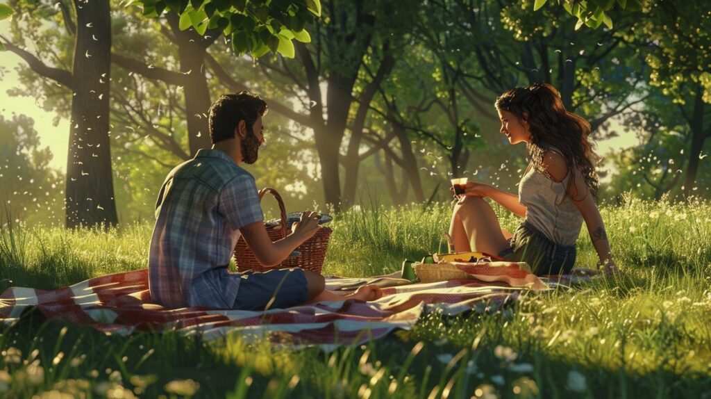 Kreative drittes Date Ideen mit romantischem Picknick im Park bei Sonnenuntergang