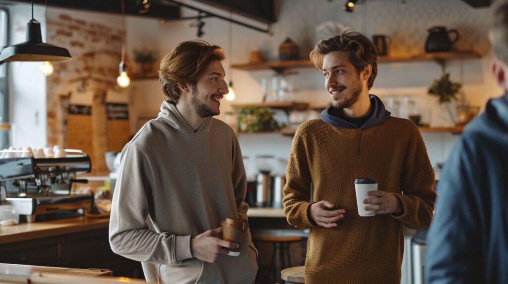 Mann und Frau führen entspannten Smalltalk mit Mann im Café