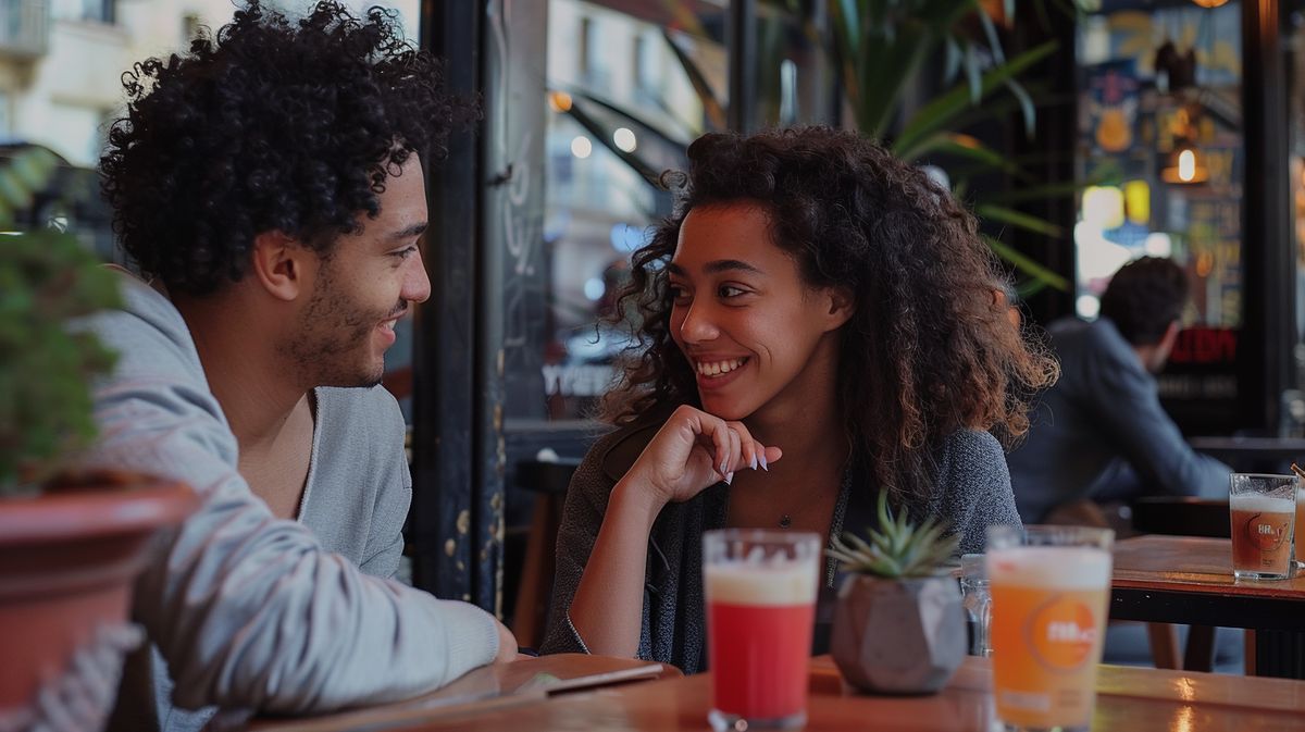 Frau sendet Flirtsignale an Mann, flirtet sie mit mir, in einem gemütlichen Café