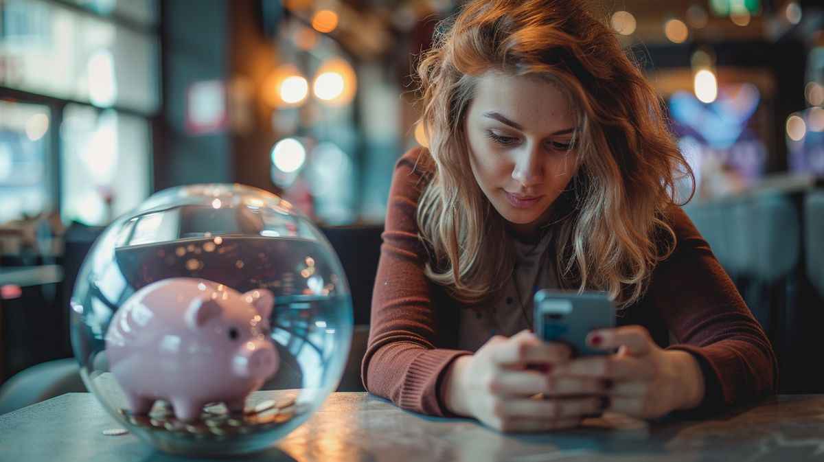Frau überprüft Tinder Kosten für Frauen auf ihrem Smartphone in einem Café